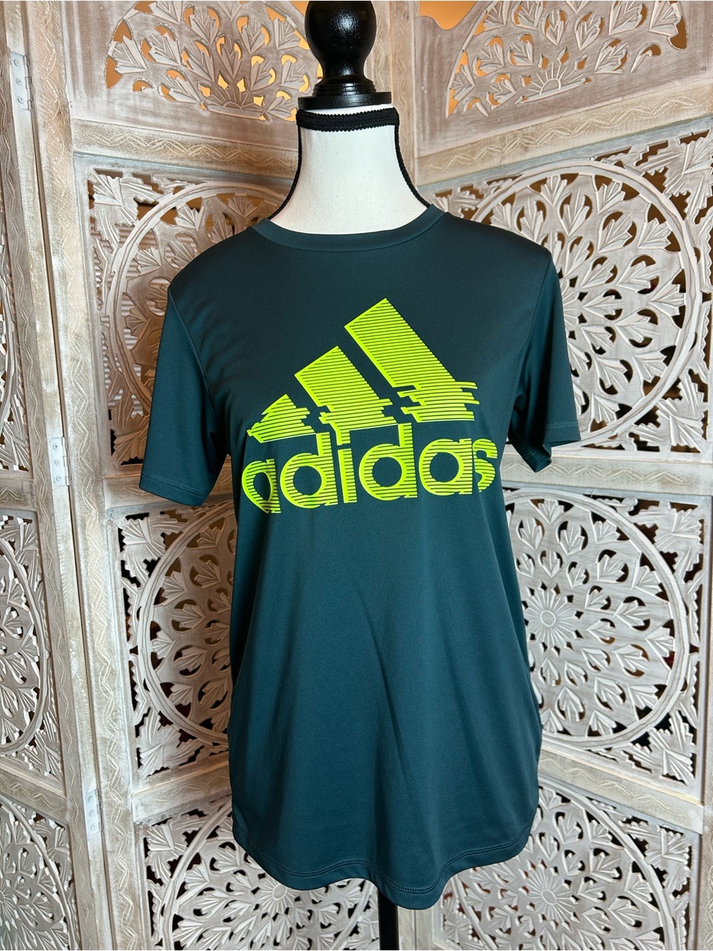 adidas Short-Sleeve Tee in Dark Green with Neon Yellow Logo